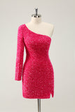 Hot Pink One Shoulder Glitter Paillettes Abito Da Laurea con fessura