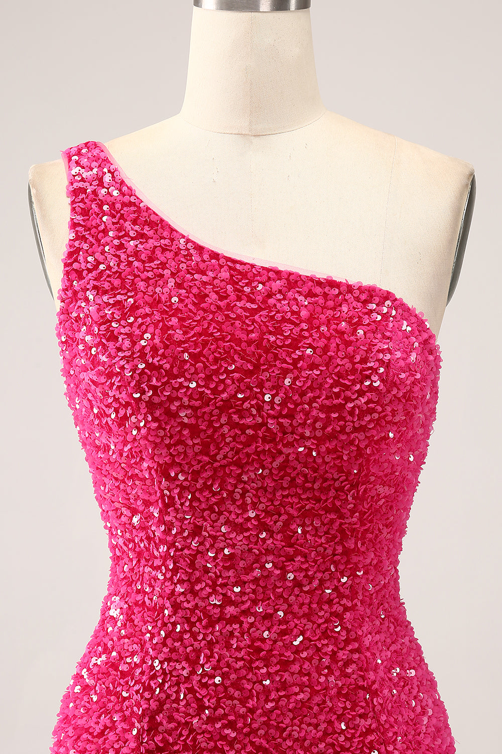 Scintillante Fucsia Sirena Monospalla Lungo Paillettes Abito Da Cerimonia Con Fessura