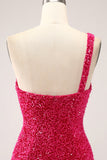 Scintillante Fucsia Sirena Monospalla Lungo Paillettes Abito Da Cerimonia Con Fessura