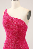 Scintillante Fucsia Sirena Monospalla Lungo Paillettes Abito Da Cerimonia Con Fessura