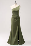 Olive One Spalla Mermaid Satin Abito lungo da damigella d'onore