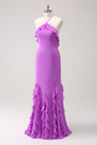 Tahiti Mermaid Halter Ruffle Chiffon Abito da damigella d'onore lungo