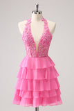 Hot Pink A Line Halter Tiered Corsetto Corsetto abito da cocktail corto