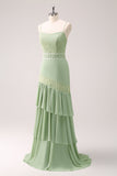 Verde floreale rufffled chiffon abito da damigella d'onore con pizzo