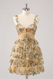 Dorato A-Line Spaghetti Straps paillettes Abiti Da Laurea con fiore