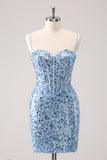 Sparkly Blu Stretto Paillettes Spaghetti Straps Abiti Da Laurea