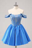 Sparkly blu A-Line Off the Spalla in rilievo Satin Abiti Da Laurea
