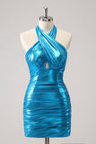 Metallic Tight Halter Backless Satin Blue Abiti Da Laurea
