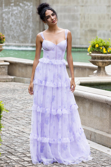 Lavanda A Line Corsetto Spaghetti Straps Floreale Tiered Abito da Festa di Nozze