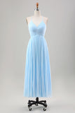Azzurro cielo una linea plissettata chiffon abito da sposa ospite