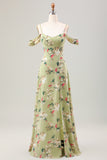 Verde A Line Floreale Abito da Sposa Ospite con Fessura