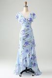 Blu Floreale Increspature Asimmetrico Abito da Sposa Ospite