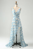 Bianco Blu Fiore Una Linea Increspato High-Low Abito Da Sposa Ospite