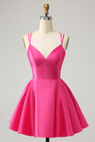 Fucsia A Line Spaghetti Straps Backless Corto Carino Abito Da Laurea