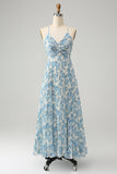 Bianco Blu Fiore Spaghetti Straps A Line Abito da sposa ospite