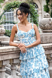 Bianco Blu A Line Corsetto A Più Livelli Floreale Lungo Abito Da Sposa Ospite Della Festa Di Nozze