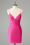Fucsia aderente Spaghetti Straps Satin Abito da laurea