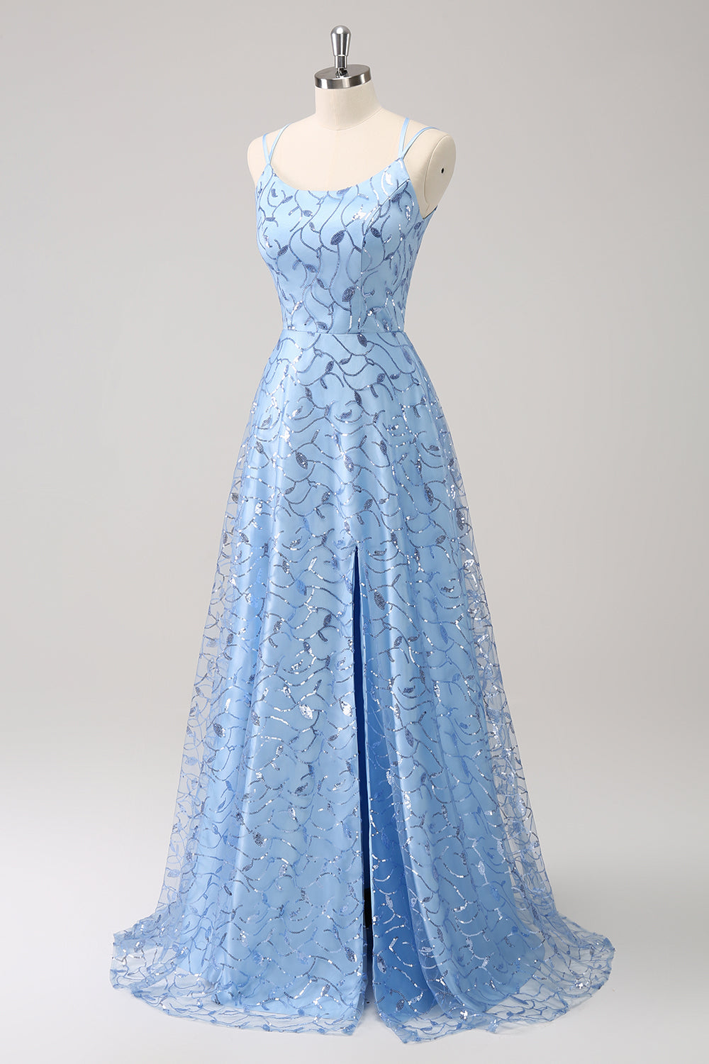 Scintillante blu Spaghetti Straps paillettes Lace Up Back Abito da damigella d'onore con fessura