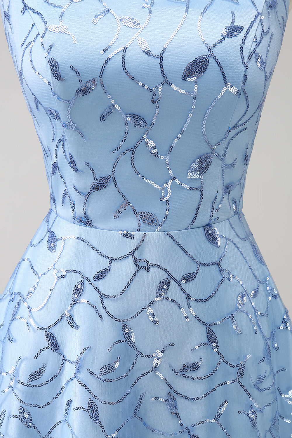 Scintillante blu Spaghetti Straps paillettes Lace Up Back Abito da damigella d'onore con fessura