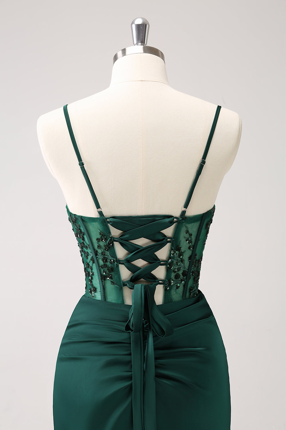 Verde scuro sirena spaghetti cinghie raso lungo abito da damigella d'onore con fessura