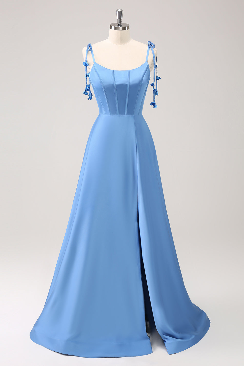 Blu A Line Spaghetti Straps Abito da pavimento in raso con fessura