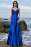 Spaghetti Straps Satin Ink Blu Abito da damigella d'onore con fessura