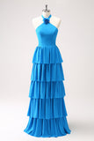 Blu Tiered Chiffon Abito da damigella d'onore con fiore