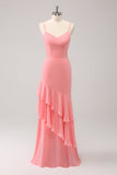 Rosa Spaghetti Straps Mermaid Abito da damigella d'onore con volant