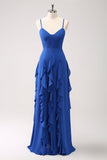 A-Line Blu scuro Spaghetti Straps Abito da damigella d'onore con volant