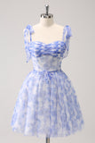 Corsetto blu A-Line corto floreale Abiti Da Laurea