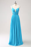 Pavone Blu A-Line Spaghetti Straps Abito da damigella d'onore