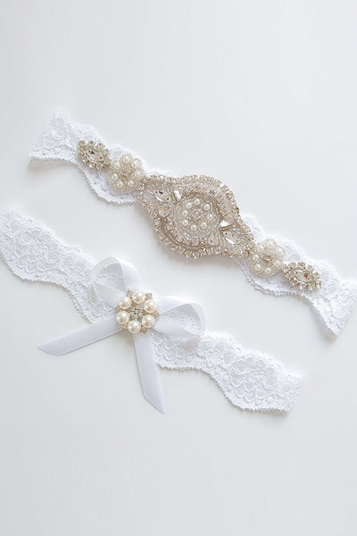 Set 2 Giarrettiere Sposa In Pizzo Bianco - Con Motivo Floreale E Strass Blu, Regalo Nuziale Elegante - Foto 8