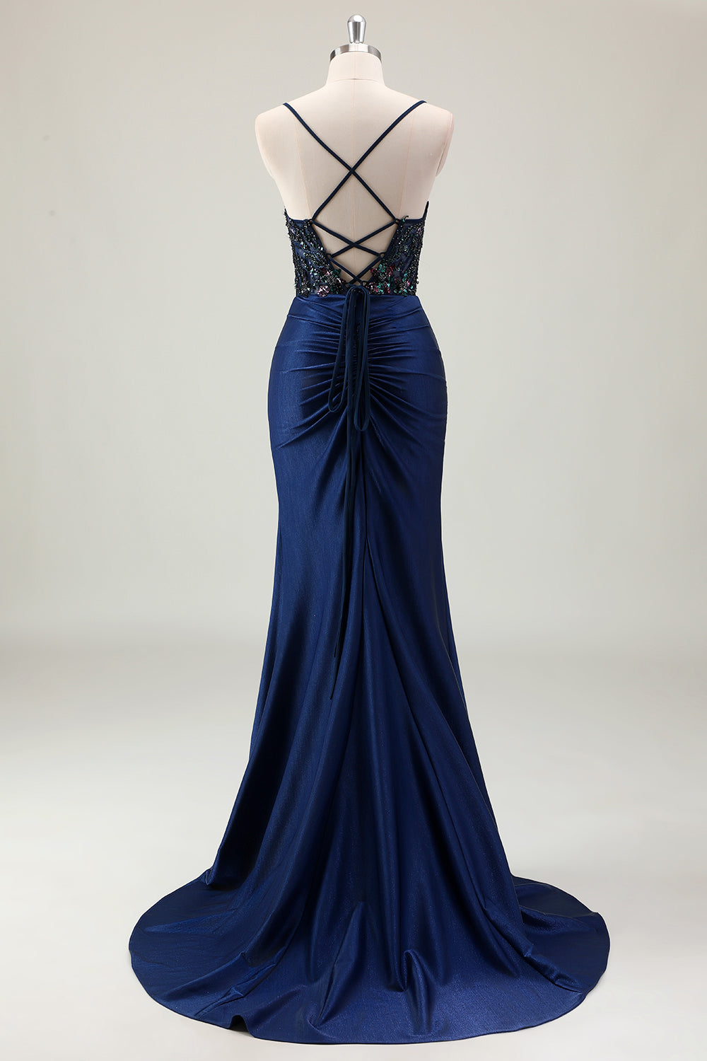 Dark Navy Mermaid Sparkly paillettes Spaghetti Straps Prom Dress con fessura