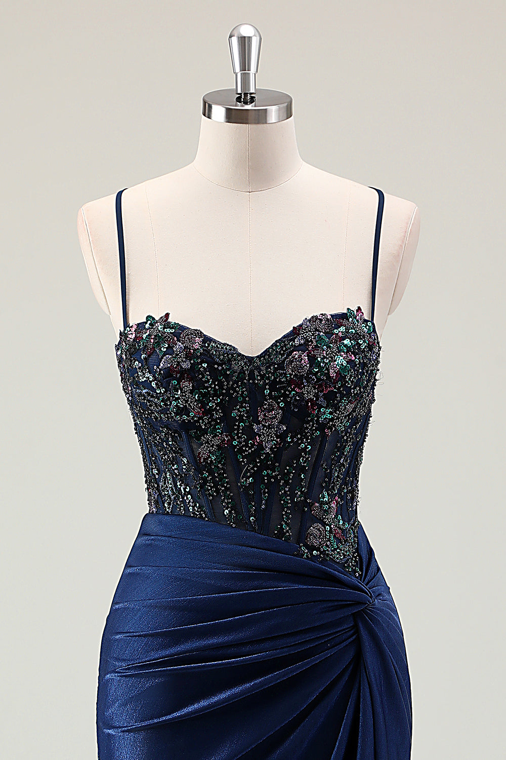 Dark Navy Mermaid Sparkly paillettes Spaghetti Straps Prom Dress con fessura