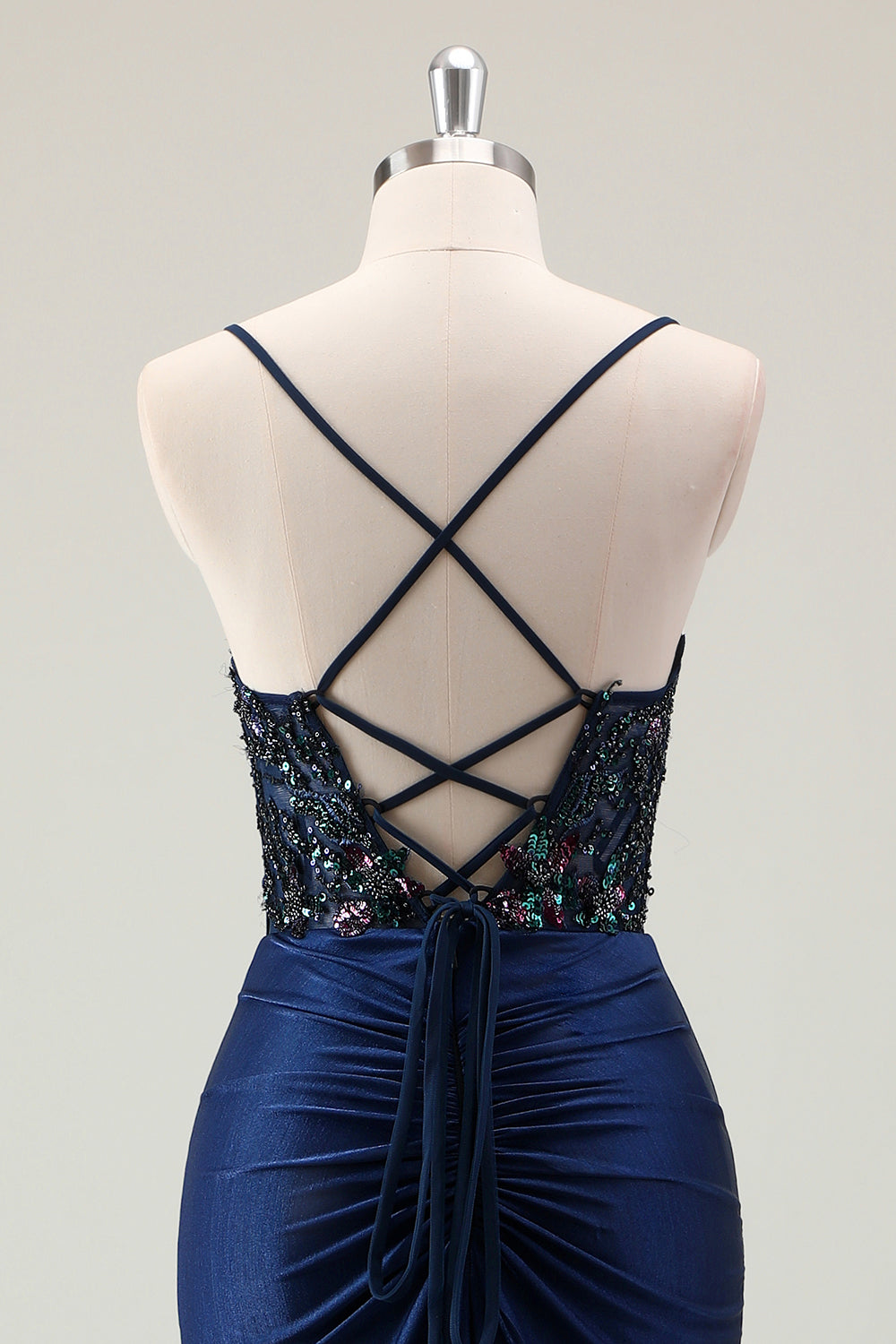 Dark Navy Mermaid Sparkly paillettes Spaghetti Straps Prom Dress con fessura
