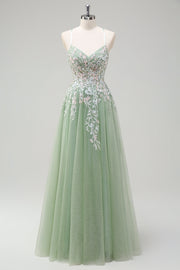 Sage A-Line Spaghetti Straps Tulle Abito lungo da ballo con applicazioni