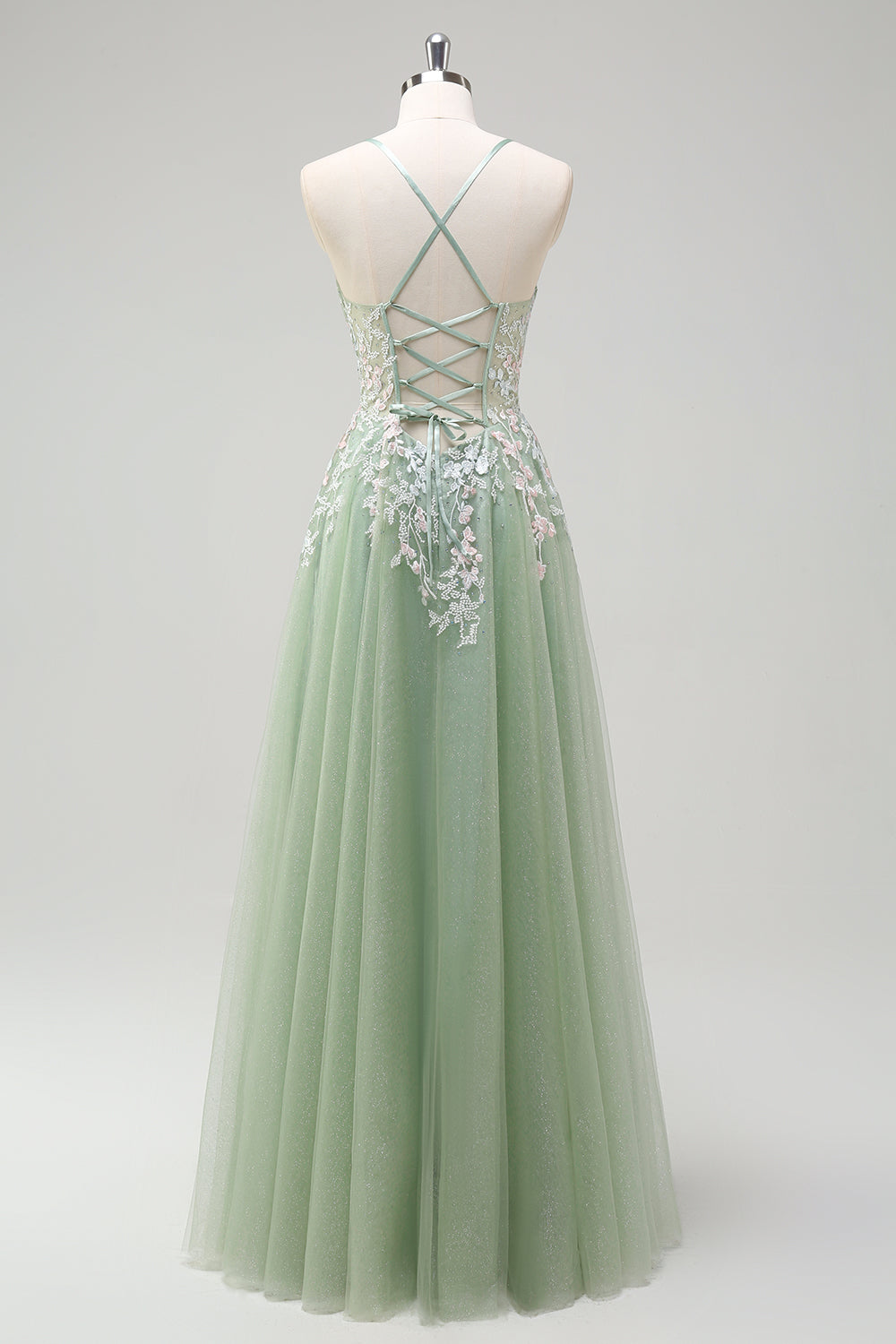 Sage A-Line Spaghetti Straps Tulle Abito lungo da ballo con applicazioni