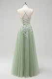 Sage A-Line Spaghetti Straps Tulle Abito lungo da ballo con applicazioni