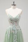 Sage A-Line Spaghetti Straps Tulle Abito lungo da ballo con applicazioni