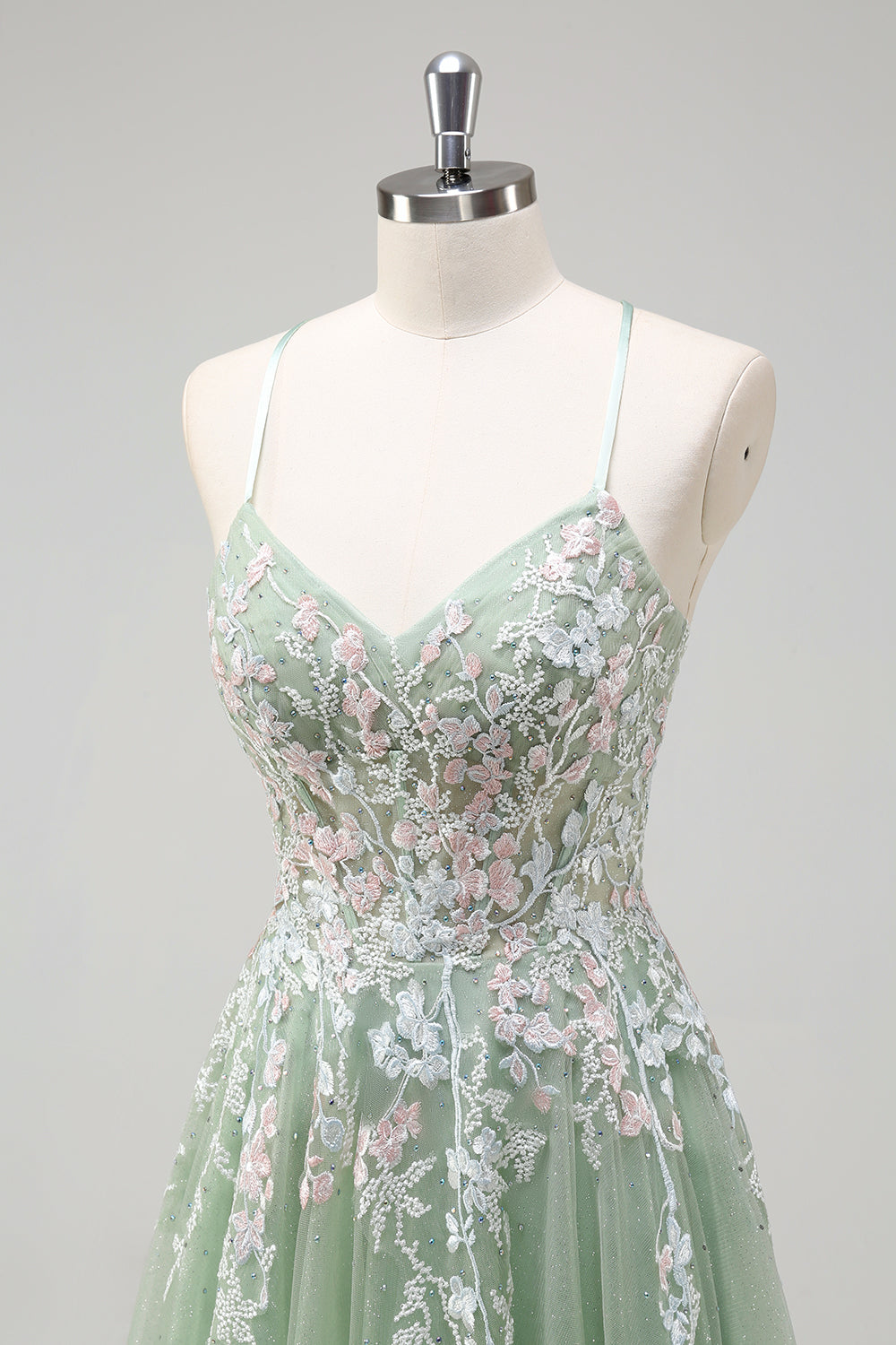 Sage A-Line Spaghetti Straps Tulle Abito lungo da ballo con applicazioni
