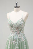 Sage A-Line Spaghetti Straps Tulle Abito lungo da ballo con applicazioni