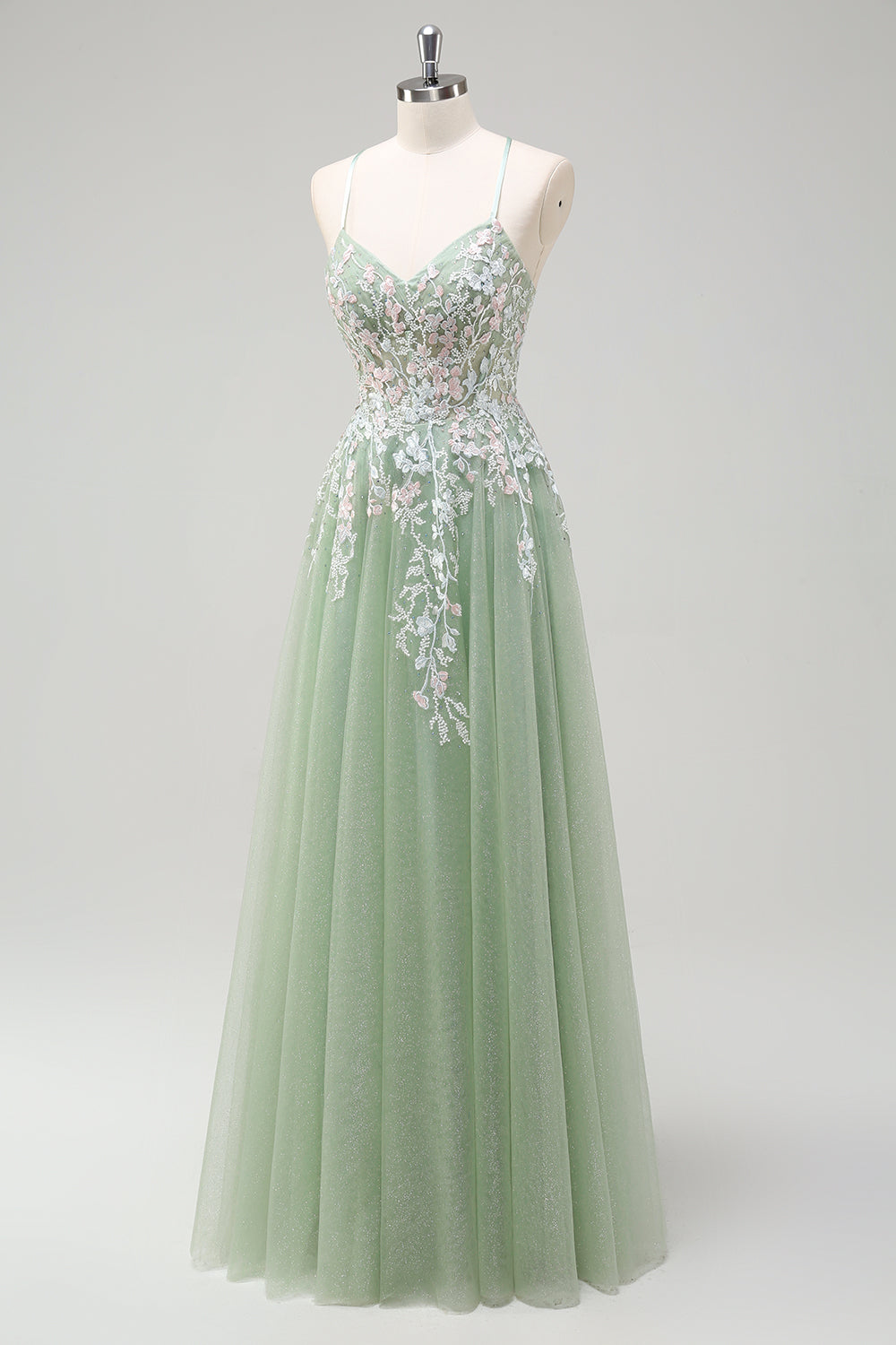 Sage A-Line Spaghetti Straps Tulle Abito lungo da ballo con applicazioni