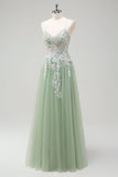 Sage A-Line Spaghetti Straps Tulle Abito lungo da ballo con applicazioni