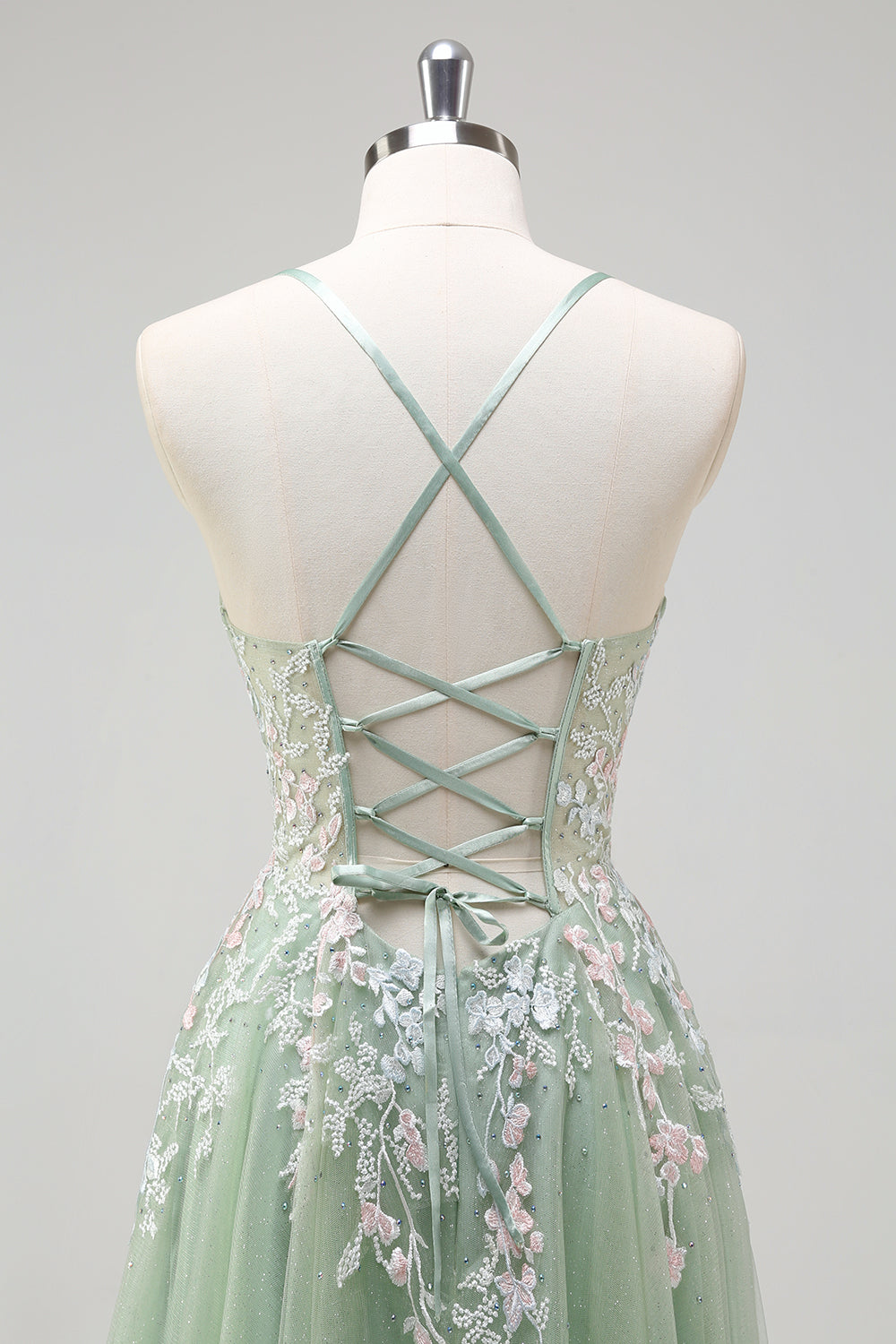 Sage A-Line Spaghetti Straps Tulle Abito lungo da ballo con applicazioni