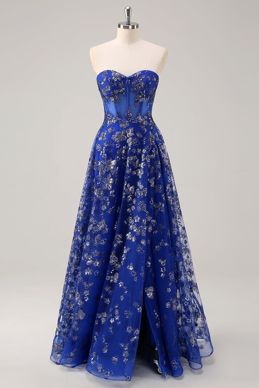 Royal Blue A Line senza spalline Appliques Corsetto Abito da ballo lungo con fessura