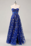 Royal Blue A Line senza spalline Appliques Corsetto Abito da ballo lungo con fessura