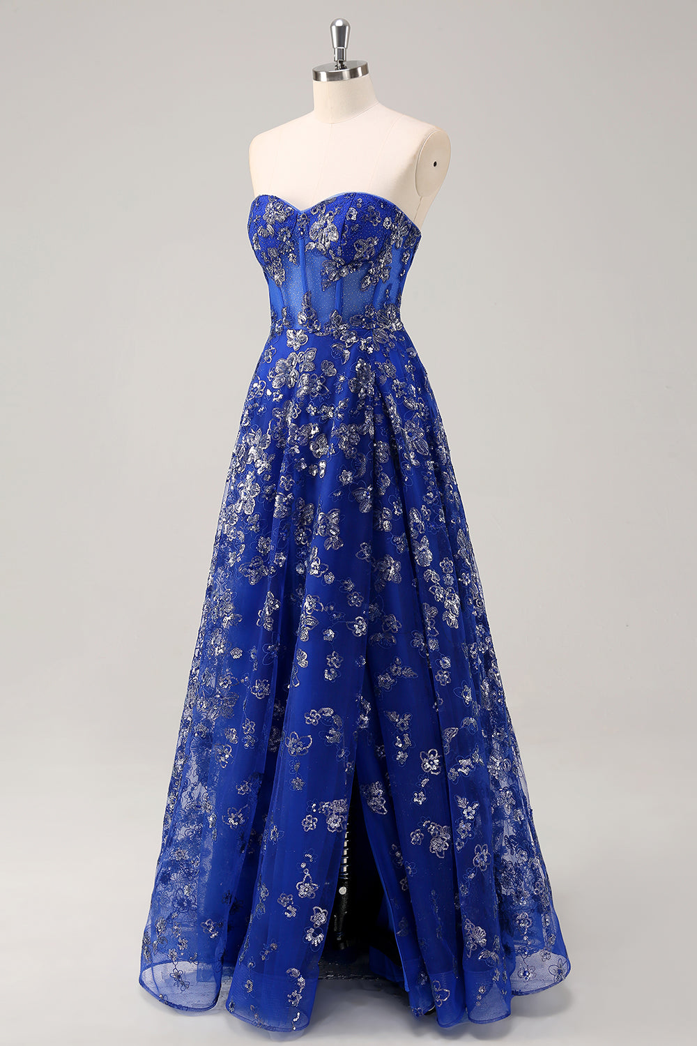 Royal Blue A Line senza spalline Appliques Corsetto Abito da ballo lungo con fessura