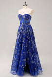 Royal Blue A Line senza spalline Appliques Corsetto Abito da ballo lungo con fessura