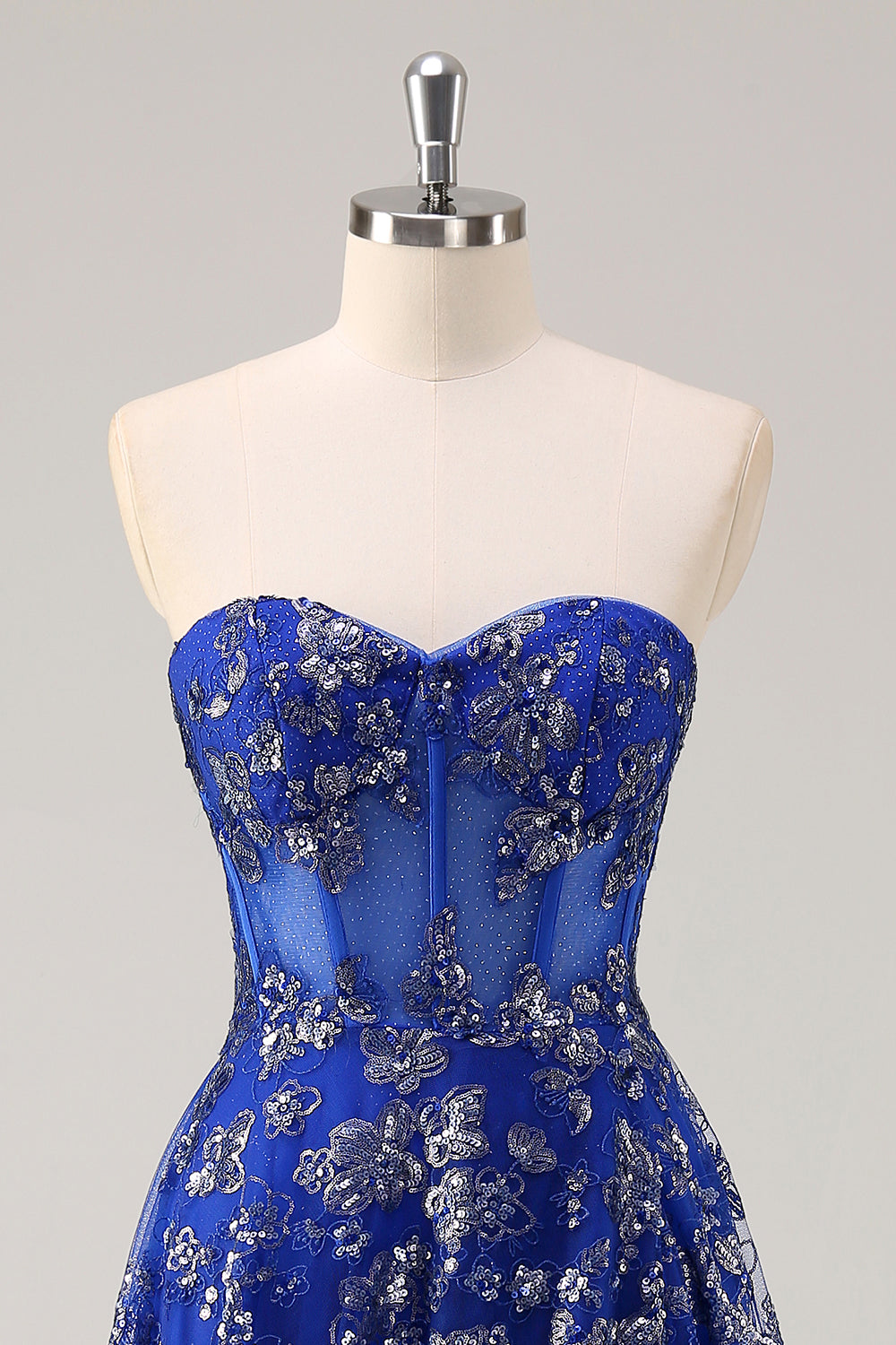Royal Blue A Line senza spalline Appliques Corsetto Abito da ballo lungo con fessura