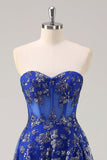 Royal Blue A Line senza spalline Appliques Corsetto Abito da ballo lungo con fessura